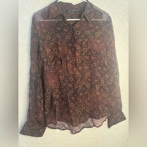 Peruvian Connection Brown Floral Viscose Blouse Old Money Button Down Medium
